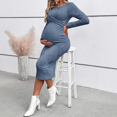 Maternity dress cross-border European and American export long-sleeved maternity skirt elegant knot slim-fit maternity outfit one-piece dress