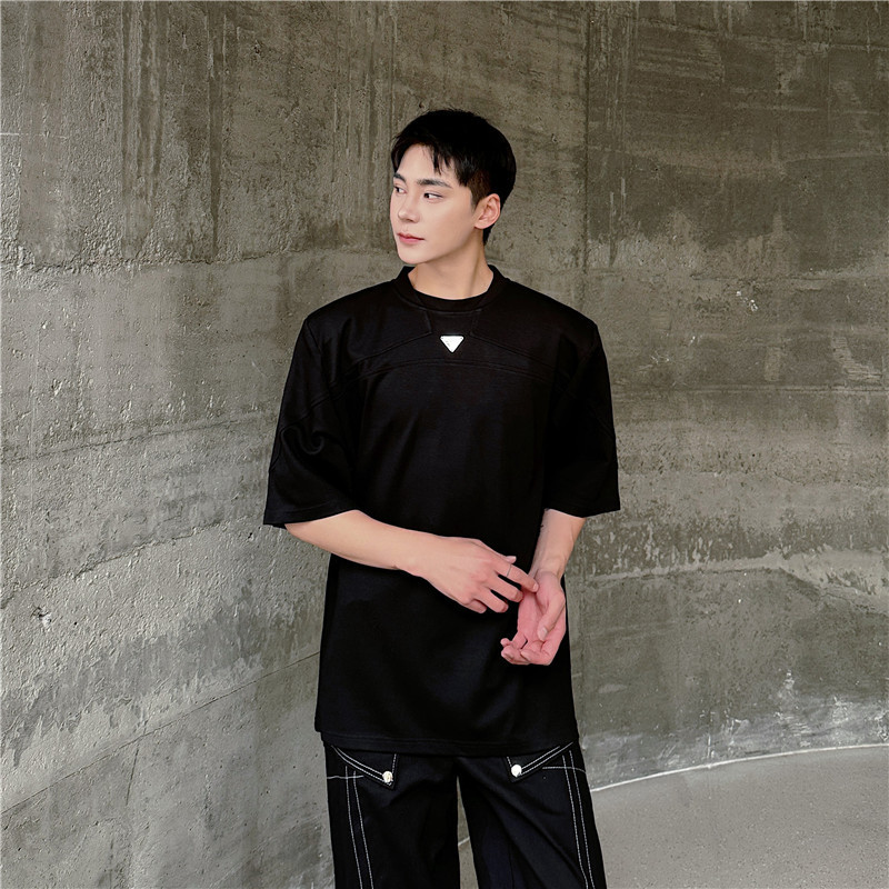 24 New Summer Trendy Fashionable Stylish Splicing Design Niche Metal Decorative Style T-Shirt D37-575