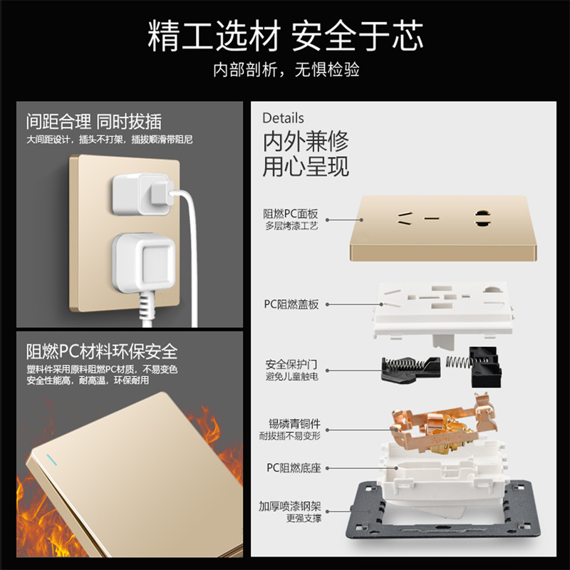 Switch socket panel household large plate oblique five-hole 86 type steel frame two or three plug wall power socket manufacturer wholesale