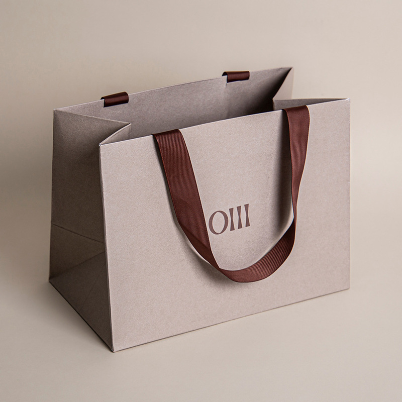High-End Gray Designer Paper Tote Bag with Ribbon Handles, Customizable Logo, Suitable for Carrying Clothes