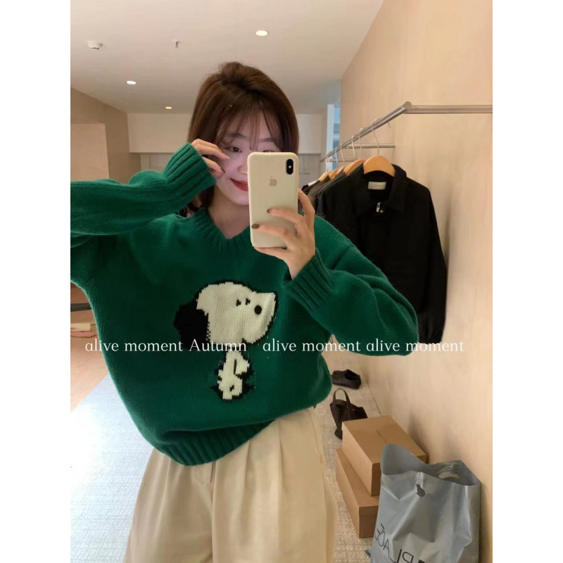 Korean Style Dongdaemun Fashion Jacquard Snoopy Round Neck Pullover Knitwear for Women Autumn and Winter Cartoon Dog Loose Knitwear
