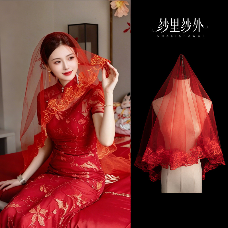 Bride's Red Lace Veil for Wedding, Chinese-Style Wedding Semi-Transparent Veil, Xiuhe Dress with Embellishments, Wedding Headpiece