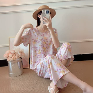 人造棉短袖长裤女夏季薄款t恤上衣大码阔腿裤垂感绵绸睡衣两件套