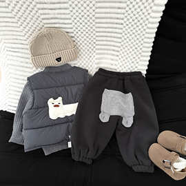 婴儿加绒大pp裤秋冬季宝宝洋气贴布加厚束脚裤小童保暖百搭哈伦裤