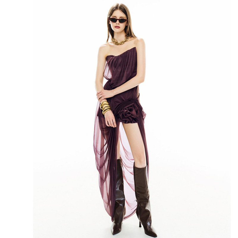European and American 2025 Autumn New Fashion Irregular Sleeveless Strapless Backless Waist-Cinching Trendy Versatile Dress