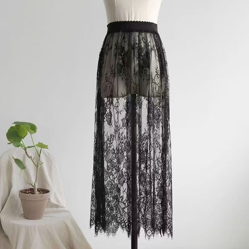 Black Lace Half-Skirt Petticoat, 75cm Mid-Length Straight Mesh Underskirt, One Size — detail image 5