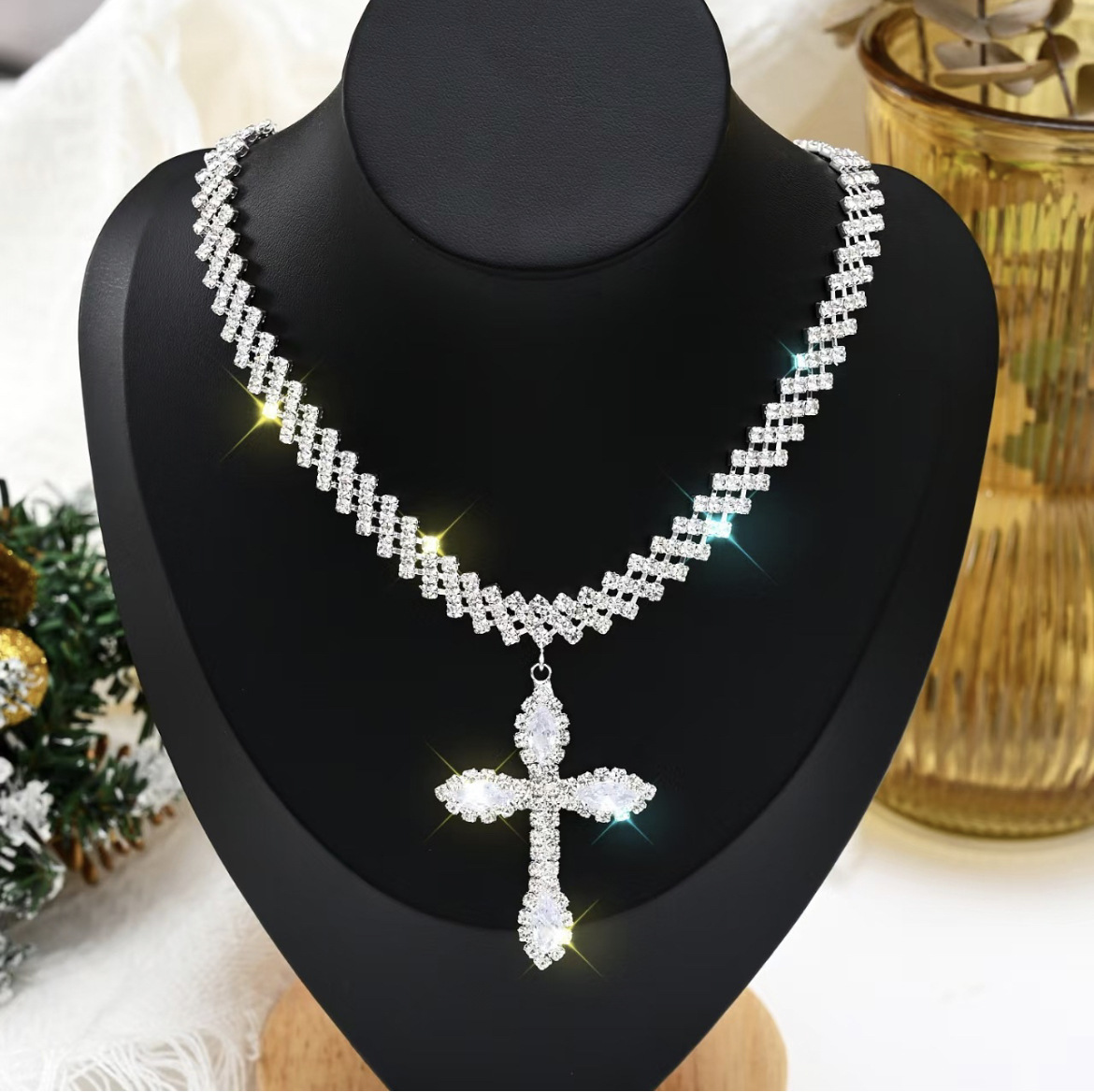 실버 지르콘 라인스톤 크로스