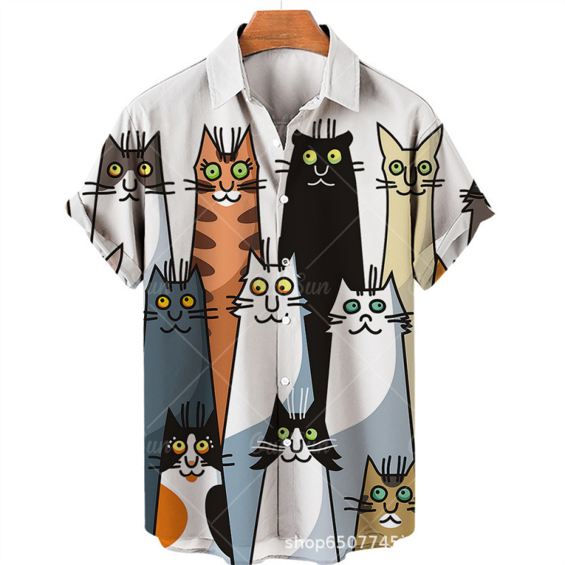 Cute Kitten 3D Digital Print Men's Casual Shirt 2025 New Men's Short Sleeve Shirt