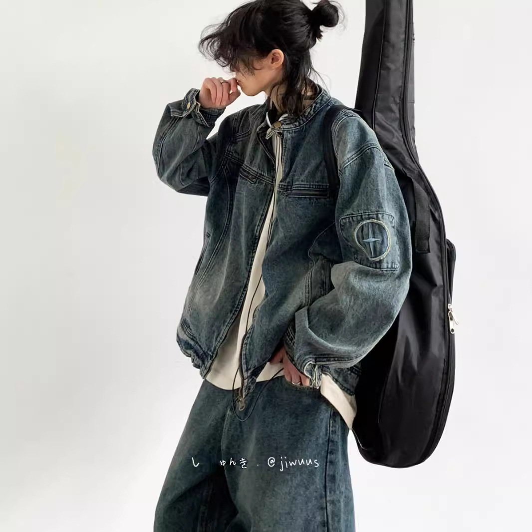 美式复古做旧水洗刺绣牛仔外套男女高街潮牌宽松立领情侣休闲夹克