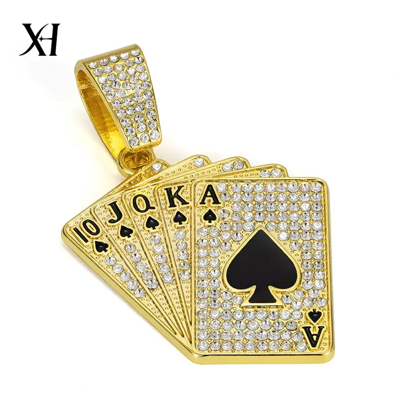 亚马逊货源工厂批发锌合金单吊坠扑克牌大扣头配古巴链嘻哈风项链
