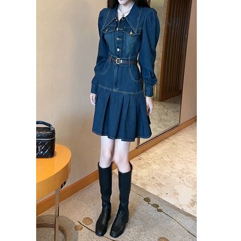 美式复古牛仔连衣裙女春季高级感小个子气质polo领收腰百褶短裙潮|undefined