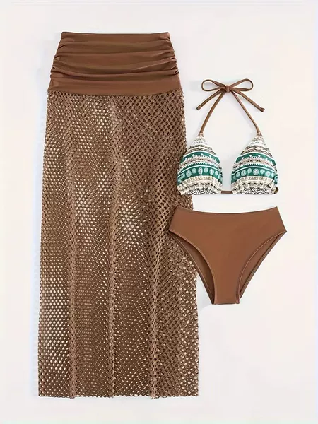 Sexy Two-Piece Swimsuit for Women with Skirt, Bikini Three-Piece Set, European and American Cross-Border Amazon Beach Vacation Bikini