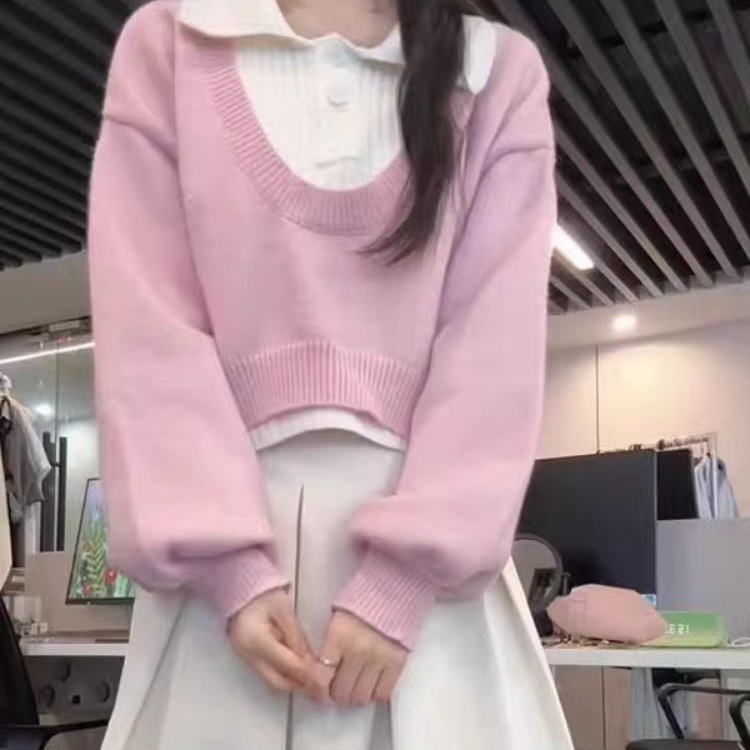 学院风短款POLO领毛衣女春秋冬高腰设计感两件套针织上衣2025新款