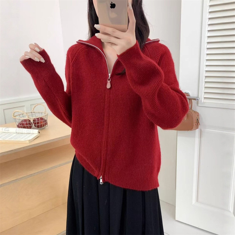 双拉链毛衣外套女秋冬新款设计感翻领宽松加厚针织开衫外穿上衣女|undefined