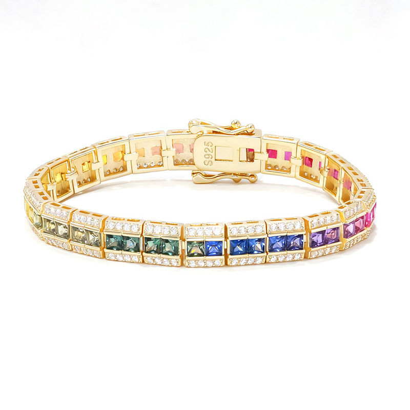 Princess Gradient Gemstone Rainbow Full Diamond Chain Sterling Silver White Golden Plated Colorful Sapphire Fashion Elegant Bracelet for Women