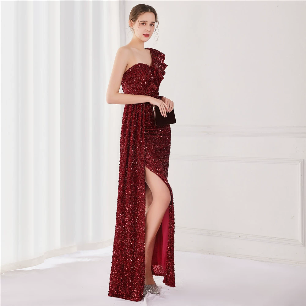 green evening gown Burgundy Sequins Mermaid Evening Dresses Sexy One Shoulder Side Split Formal Floor Length Vestido De Fiesta Prom Gown YSAN1424 formal evening gowns