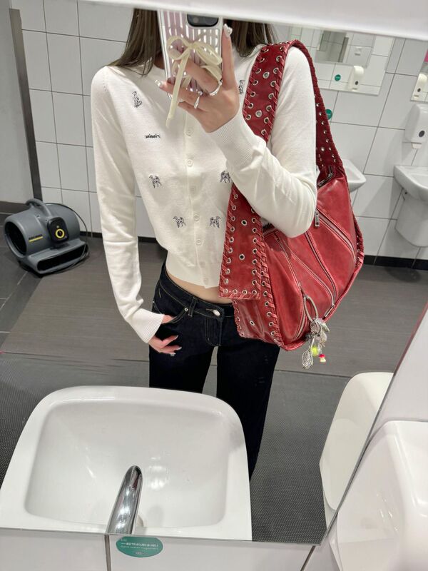 刺绣小狗短款白色毛衣针织开衫女早秋季新款修身高腰小上衣打底衫|undefined