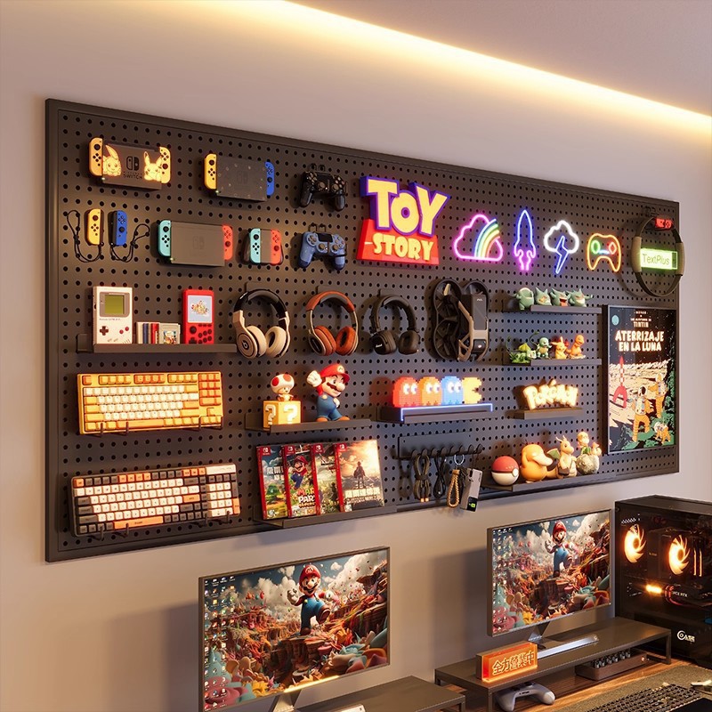 Hoyo de la sala de deportes electrónicos Hoyo tablero de metal negro en la pared de estantes decoración de la habitación de computadora tablero de escritorio