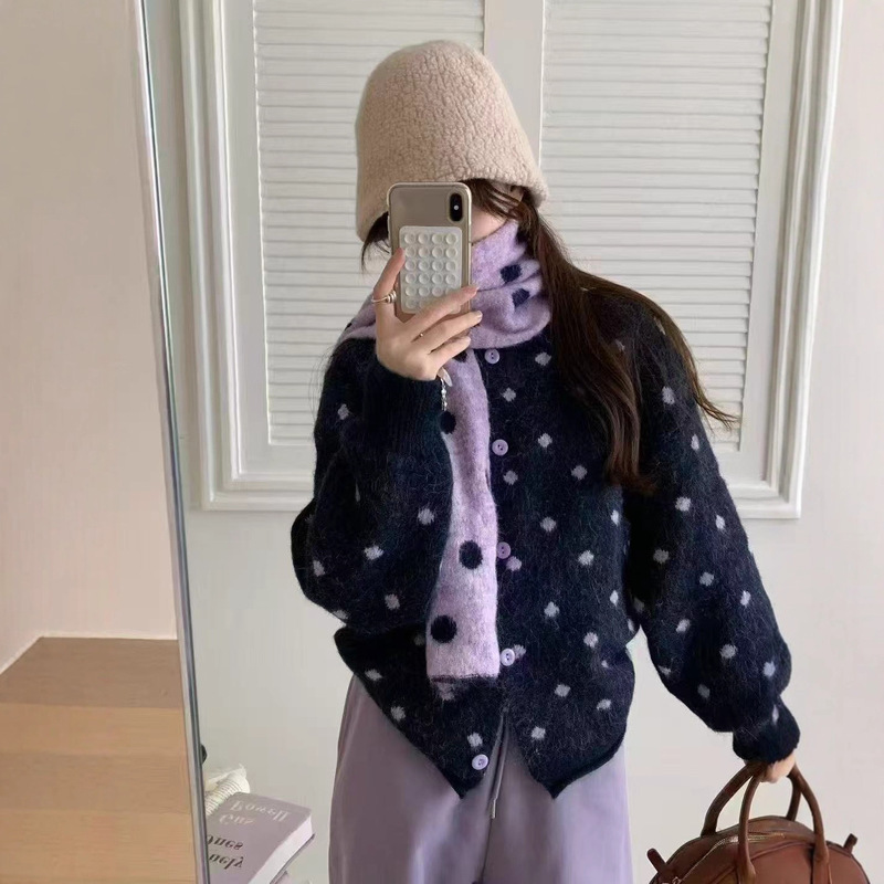 Korean Polka Dot Sweater, Polka Dot Scarf, Knitted Cardigan for Women, Loose Lazy Style Contrasting Color Sweater with Scarf Two-Piece Set Korean Polka Dot Sweater, Polka Dot Scarf, Knitted Cardigan for Women, Loose Lazy Style Contrasting Color Sweater with Scarf Two-Piece Set