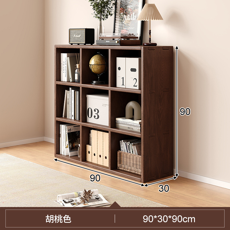 Gabinete de madera sólida, gabinete de cuadrícula de color de nuez, armario de almacenamiento de piso, gabinete bajo, estante de pared integrado