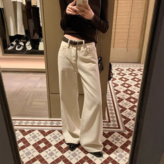 黑豆哼哼1 雪线信标米杏色牛仔裤女秋显瘦百搭微阔拖地长裤送腰