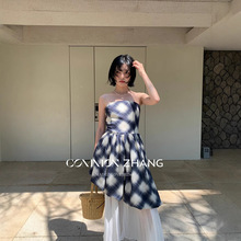 CZ ZHANG夏季条纹格子抹胸露背不规则纱裙假两件套连衣裙女B26950