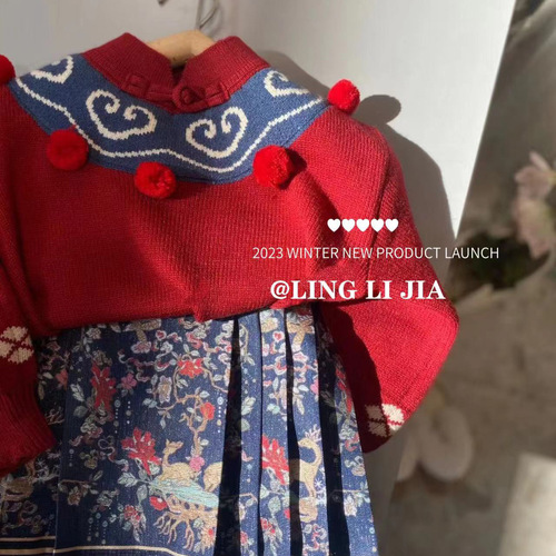 Lime-colored girl's Mamian skirt plus warm set new winter and autumn middle and small children sweater Chinese-style Tang suit children's New Year's dress