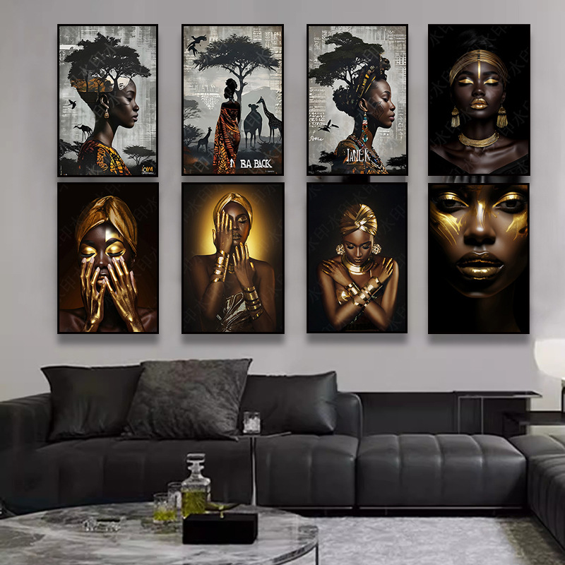 跨境帆布装饰画黑人美女挂画非洲部落黑人妇女人物背景墙轻奢壁画