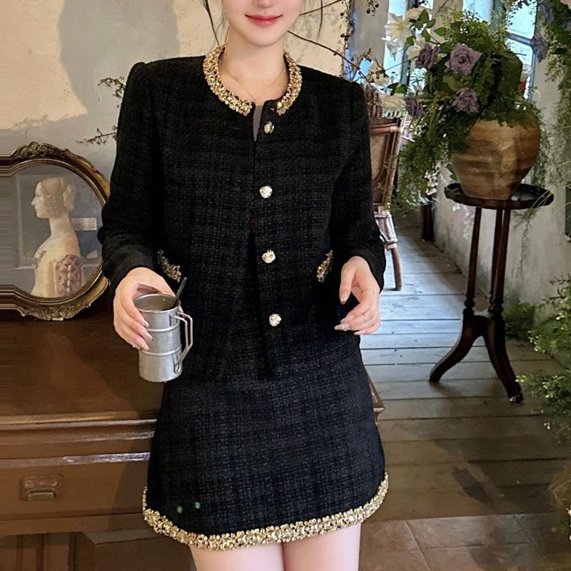 小香风套装女秋季新款法式小香风气质圆领长袖外套高腰显瘦半身裙|undefined