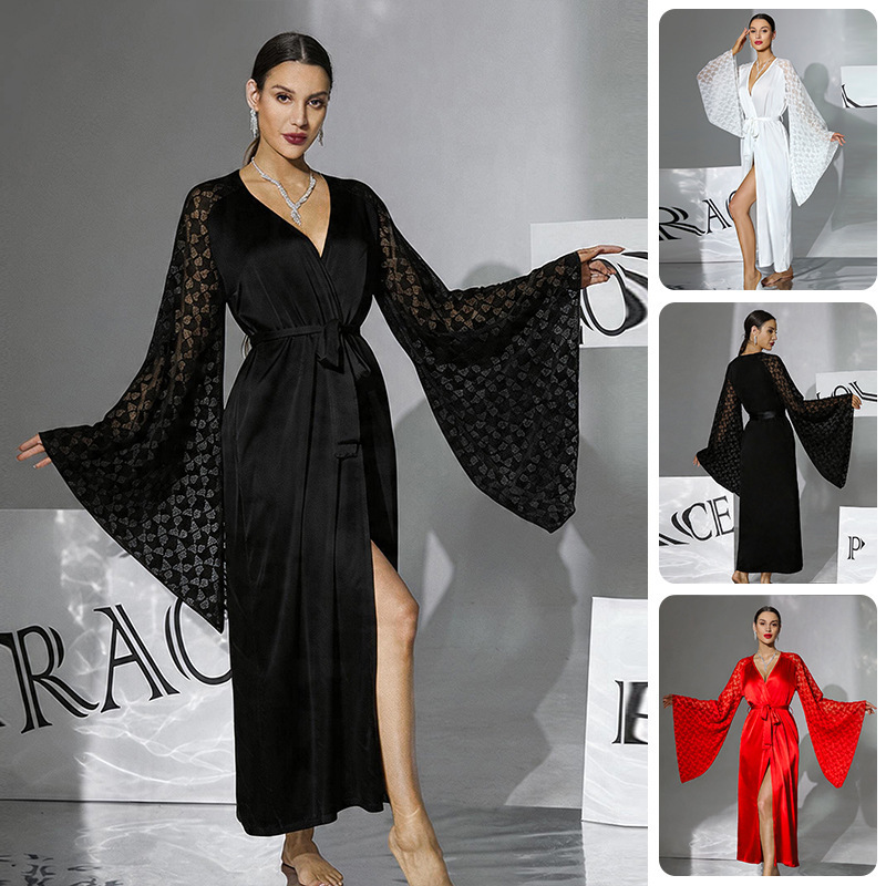 European and American Style Foreign Trade Lace Patchwork Long-Sleeve Nightgown for Women, Summer Ice Silk Satin High-Slit Tie-Up Long Bathrobe 1138 European and American Style Foreign Trade Lace Patchwork Long-Sleeve Nightgown for Women, Summer Ice Silk Satin High-Slit Tie-Up Long Bathrobe 1138