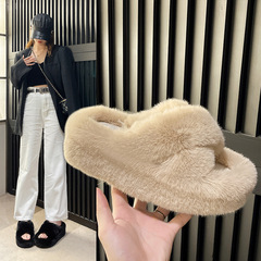 新款外貿大碼6CM秋冬季時尚百搭毛毛拖鞋女家居外穿時尚厚底拖鞋