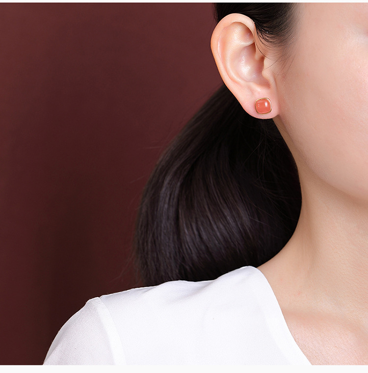 Bông tai bạc S925 mạ vàng hồng hình vuông đính đá kim cương phong cách retro — Kiểu cỡ nhỏ chi tiết 6
