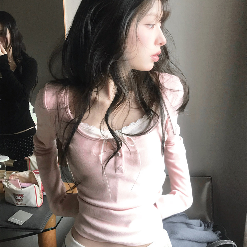 Low Price Clearance Sale # Korean-Style Sweet and Pure Lace Bow Long-Sleeve T-Shirt for Girls, Elegant and Age-Reducing Top.