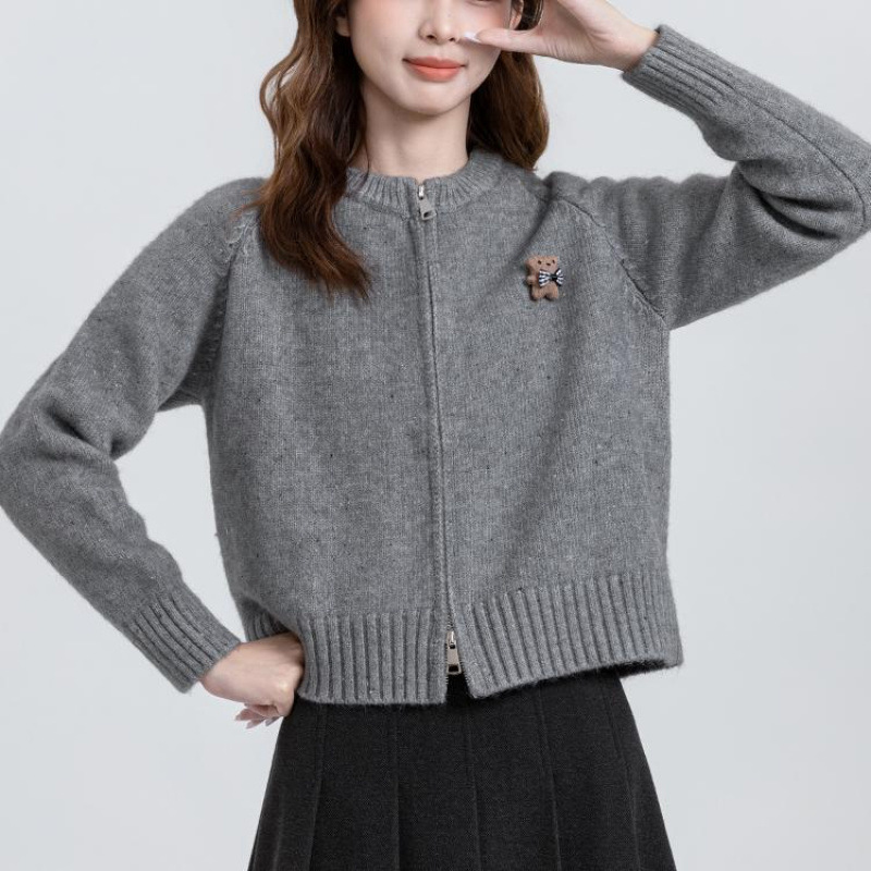 杏色拉链毛衣外套女2024秋冬新款复古圆领针织开衫小个子短上衣