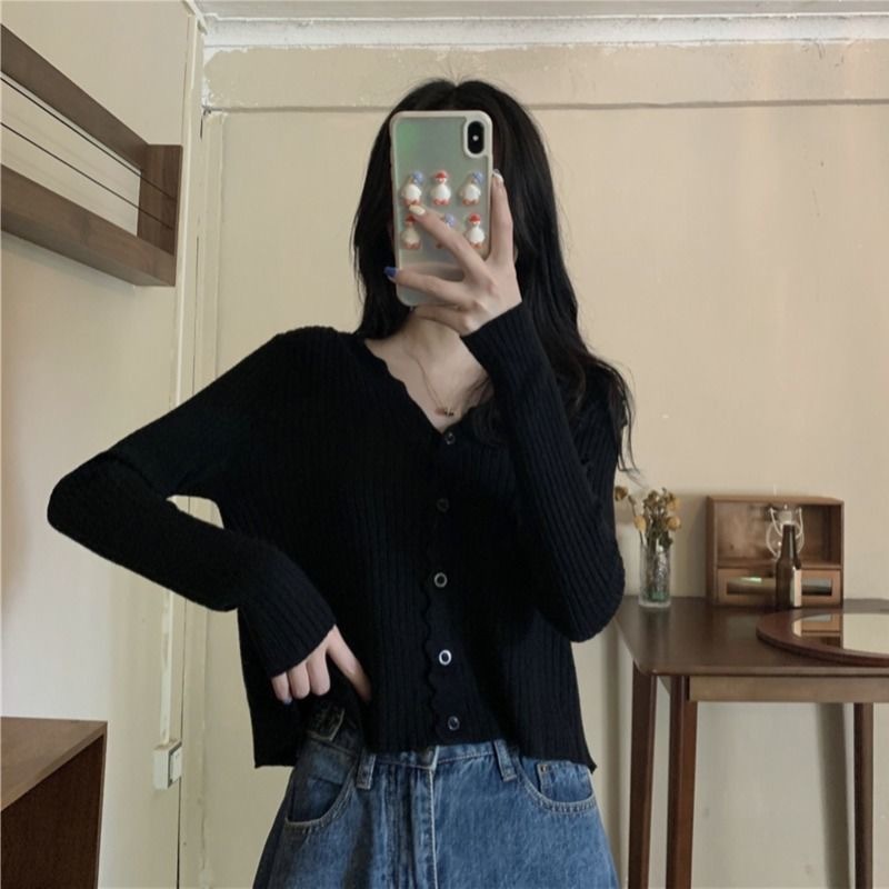 温柔风薄款V领长袖针织开衫女春秋新款外搭花边毛衣外套短款上衣|undefined
