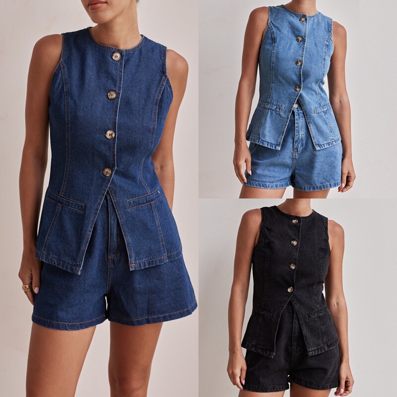 2025 Spring and Summer New Amazon Independent Station European and American Fashion Sleeveless Waist High Waist Loose Denim Shorts Suit 2025 Spring and Summer New Amazon Independent Station European and American Fashion Sleeveless Waist High Waist Loose Denim Shorts Suit