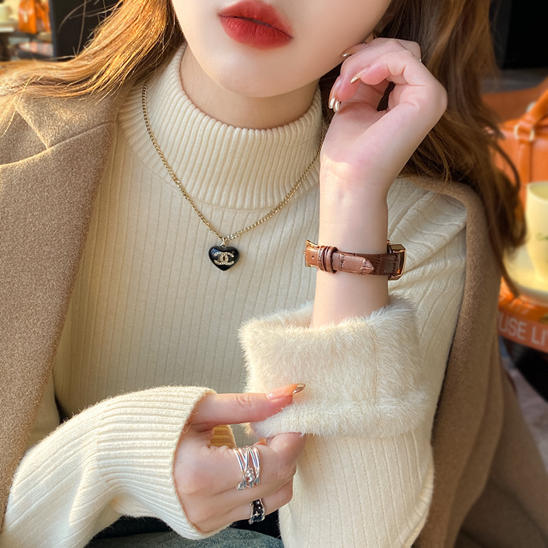 Sweater Women's Winter fleece-lined Thickened Base Shirt Half-high Neck Knitted Shirt 2023 New Autumn and Winter Interior Western Style Top
