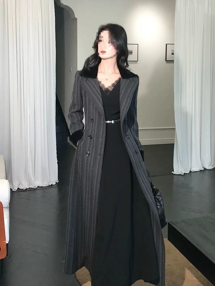 French Retro Style Waist-Cinching Three-Dimensional Striped Patchwork Jacket Trench Coat for Women