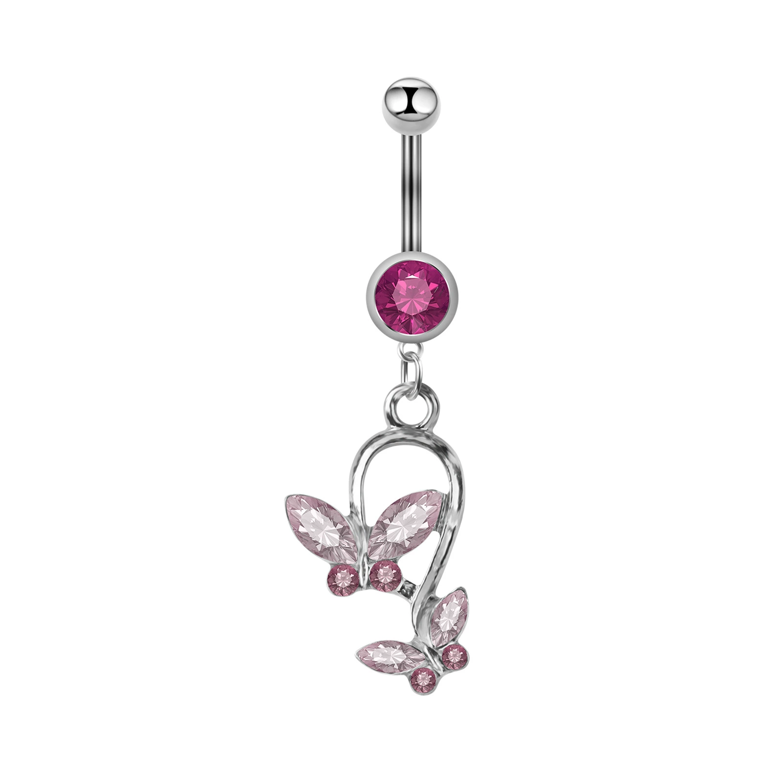 Belly Button Ring, Butterfly Dangle, 316L Surgical Steel Bar, 1.6×11 mm, Crystal Inlay