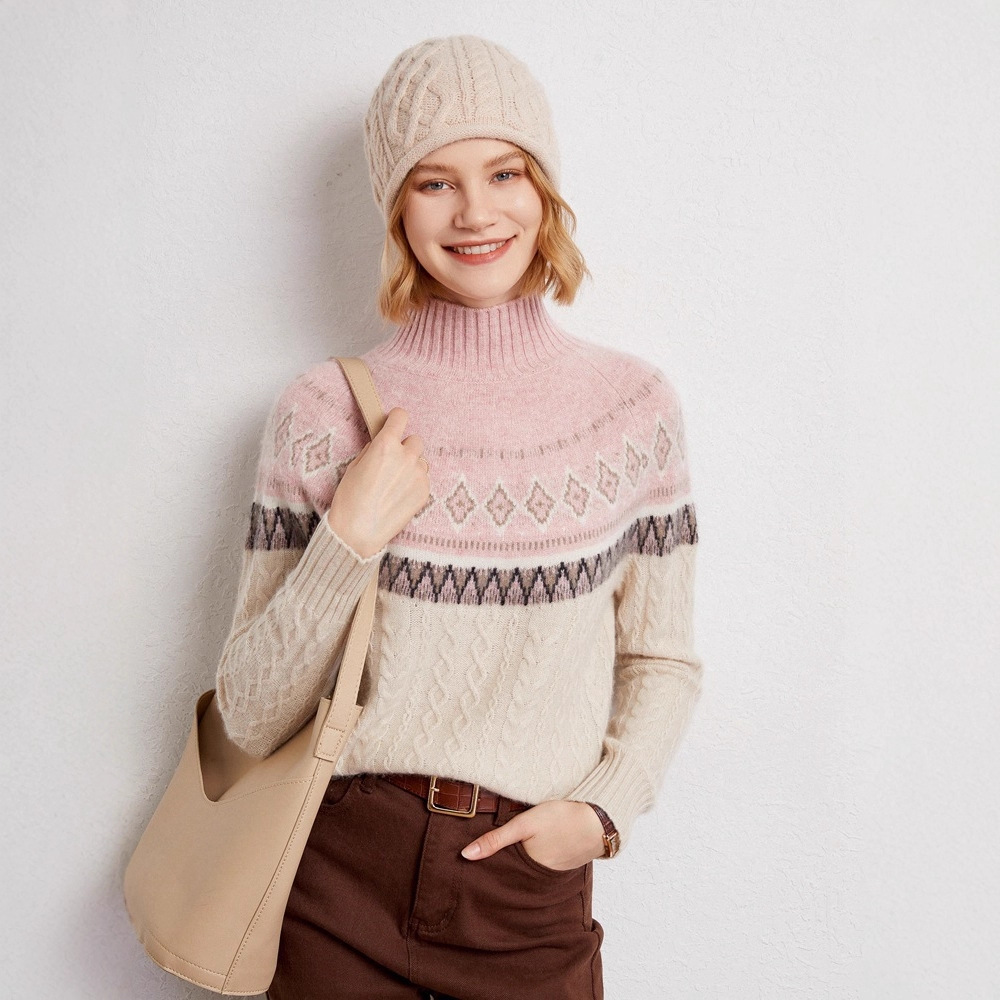 Half Turtleneck 100% Pure Cashmere Sweater for Women, New Autumn and Winter Pullover Thickened Sweater for Women, Retro Ethnic Style Jacquard