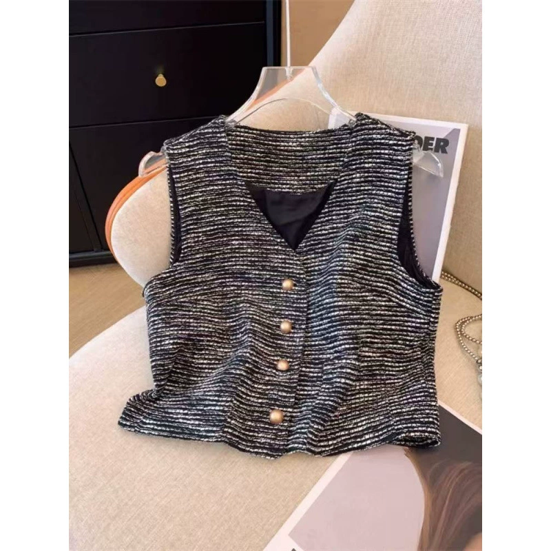 Твидовый жилет с v-образным вырезом в твидовом стиле, женский летний высококачественный жилет с золотыми пуговицами, кардиган, французский топ без рукавов
