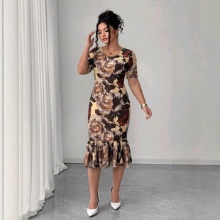 European and American Plus Size Women's Clothing Ladies Retro Floral Print Tight Skirt, Spring and Summer Round Neck Retro Dress