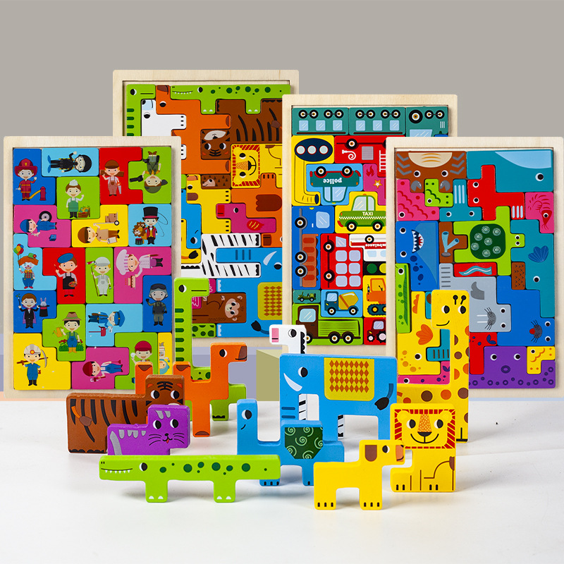 Tetris, bloques de construcción, animales, rompecabezas de madera tridimensionales creativos, personajes, entrenamiento de pensamiento cognitivo, juguetes de rompecabezas