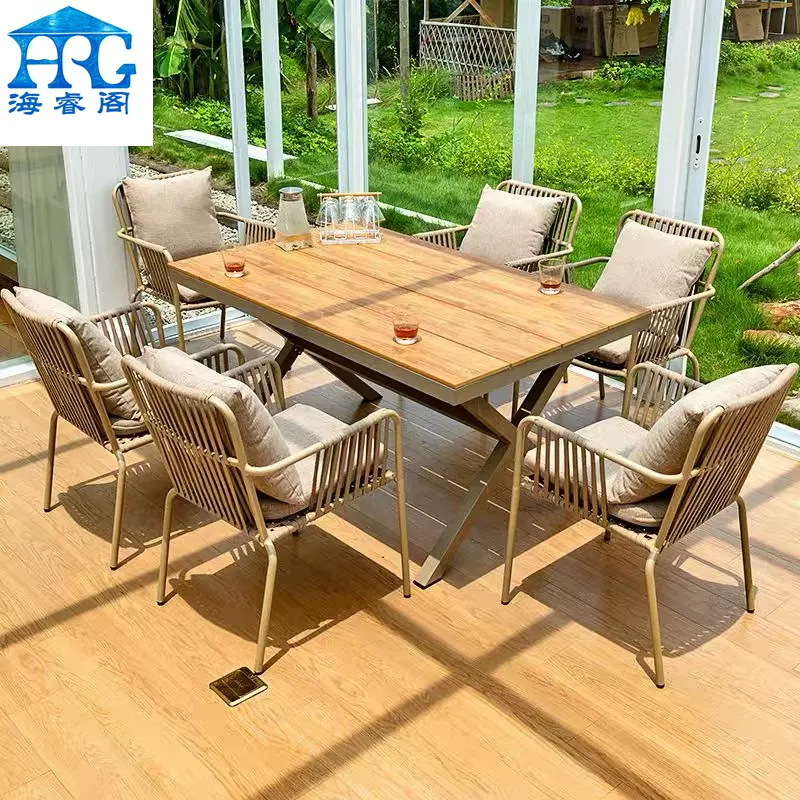 户外桌椅庭院防腐木花园露台室外露天咖啡厅外摆休闲塑木长桌组合