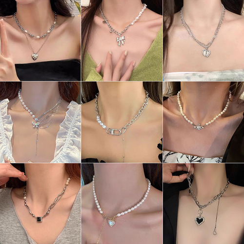 French Retro Hip-Hop Pearl Heart Double Layer Necklace for Women, High-End Sweet Cool Style Clavicle Chain Accessory for Trendy Girls