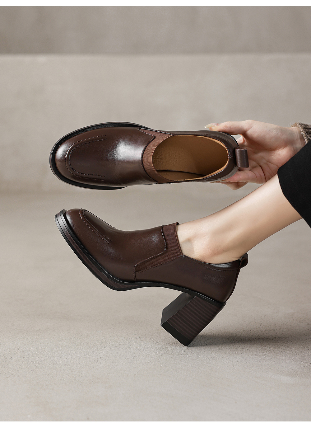 Giày cao gót nữ loafer cổ điển mũi sâu gót vuông 7.5 cm da bò thật — màu nâu chi tiết 6