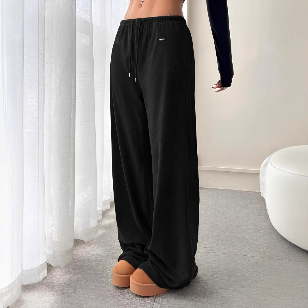 Pantaloni da salotto in maglia spazzolata da donna – Vita elastica con coulisse, gamba dritta e comoda, morbido poliestere, colori a tinta unita (nero, grigio, bianco)_voghion.com