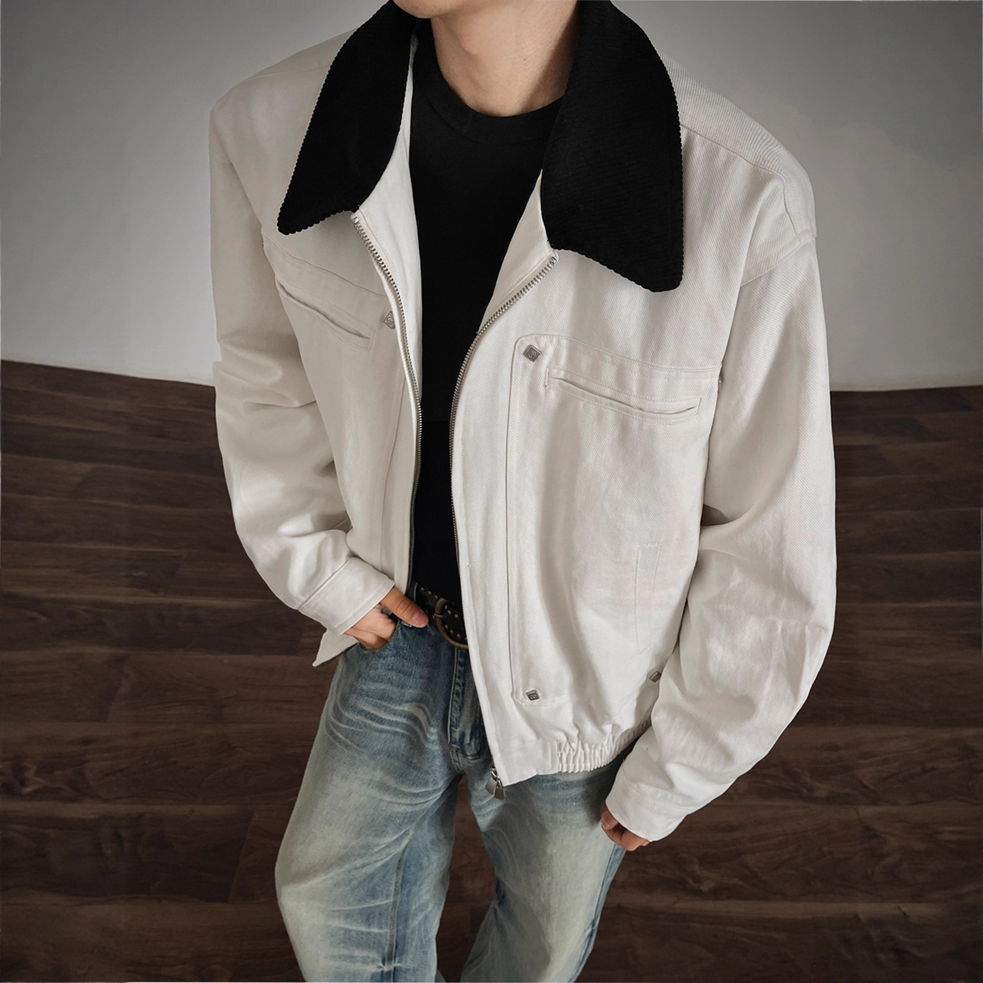 Men's White Corduroy Collared Barn Style Jacket, Autumn American Retro Style, Boxy Short Wide Detroit Work Jacket