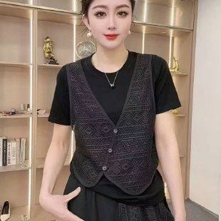 一件代发妈妈装假两件设计T恤女圆领短袖宽松显瘦大码中年气质T恤