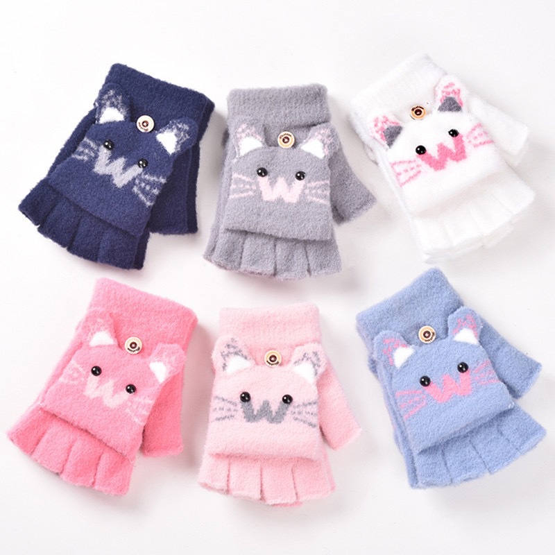 Cute cartoon knitted children's warm demi-season gloves